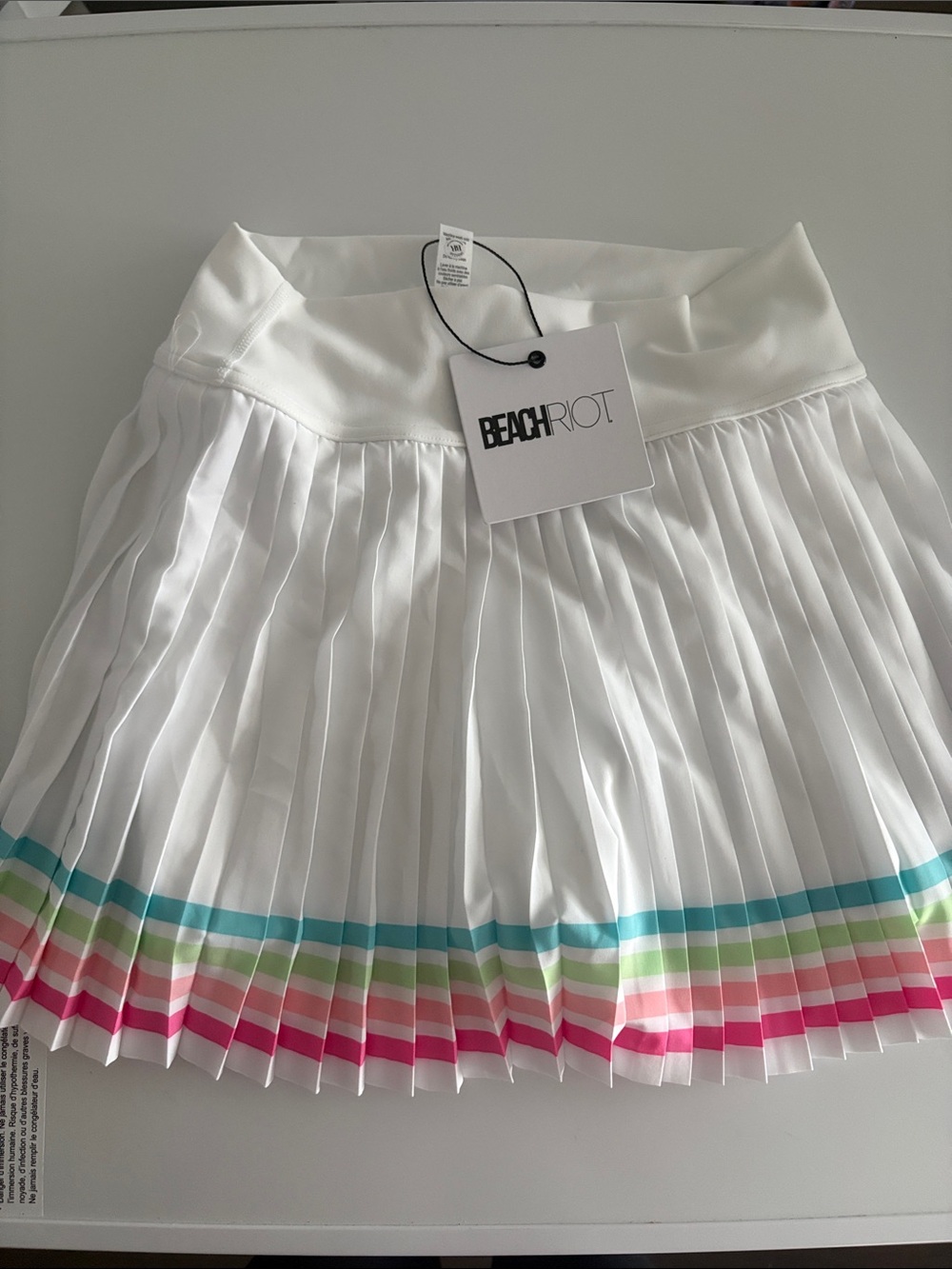 Beach Riot White Pleated Mini Skirt with Pink, Green & Blue Hem Stripes
